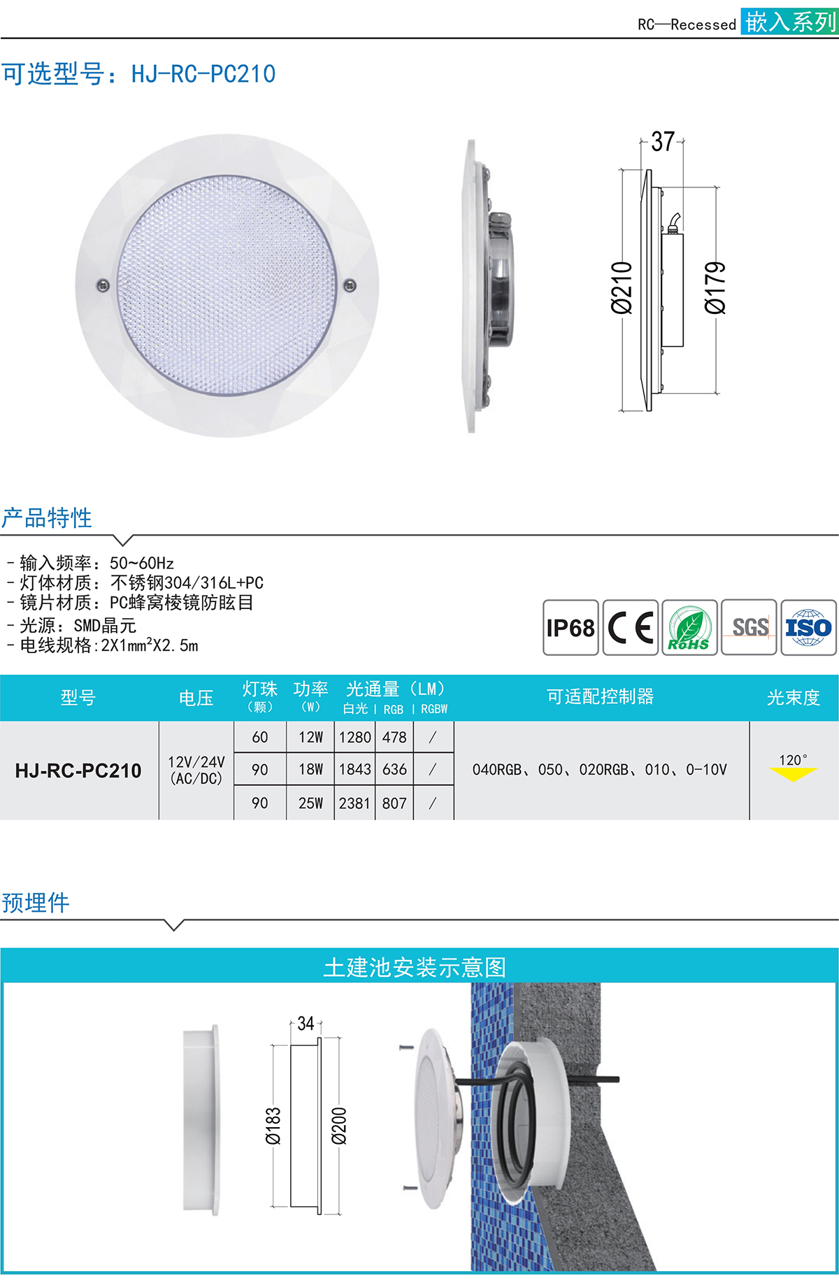 HJ-RC-PC210 水下燈泳池LED水底照明燈具