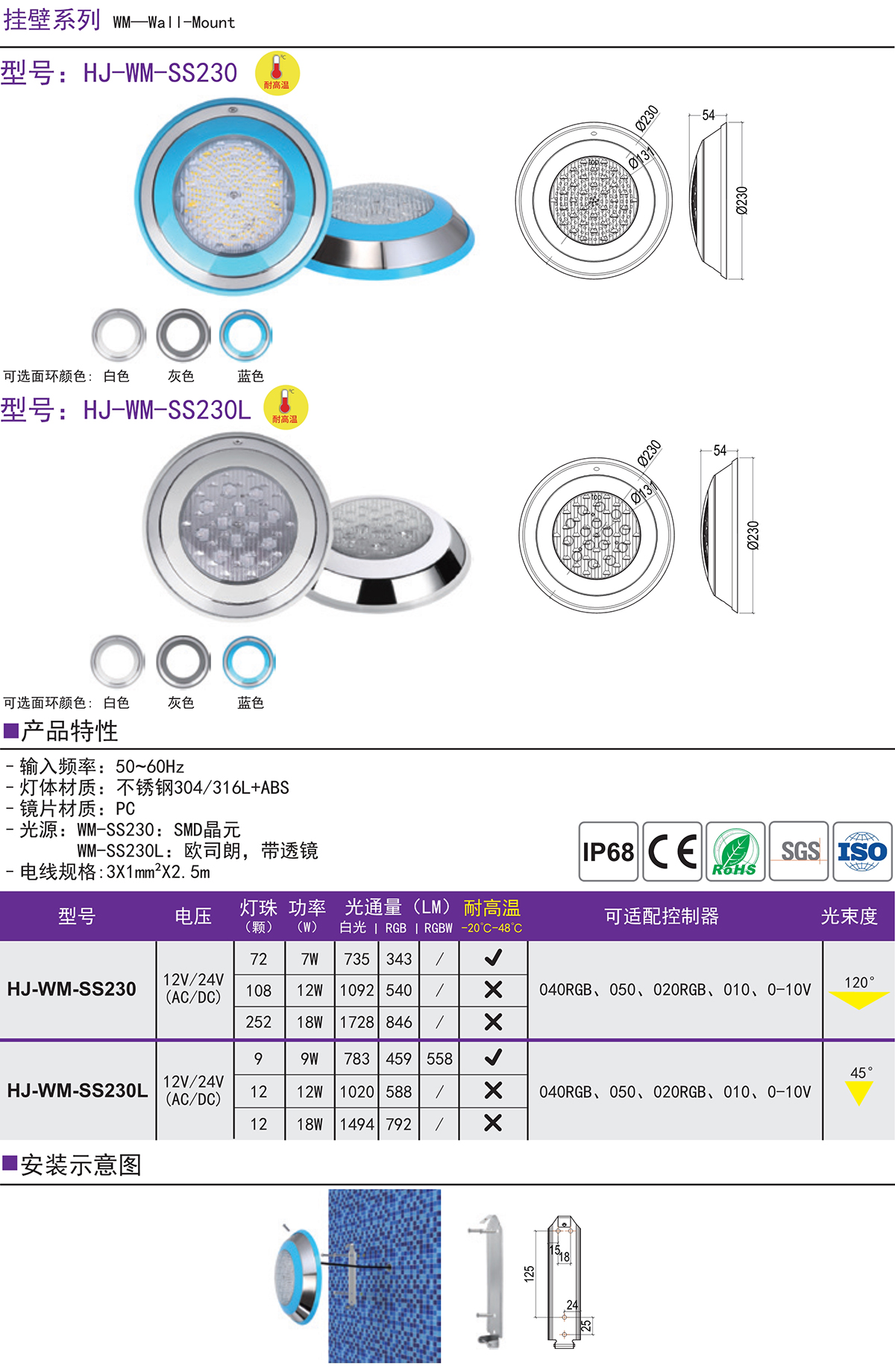 HJ-WM-SS300H 掛壁式泳池?zé)舨噬珶艄釸GB水下燈游泳池水底燈